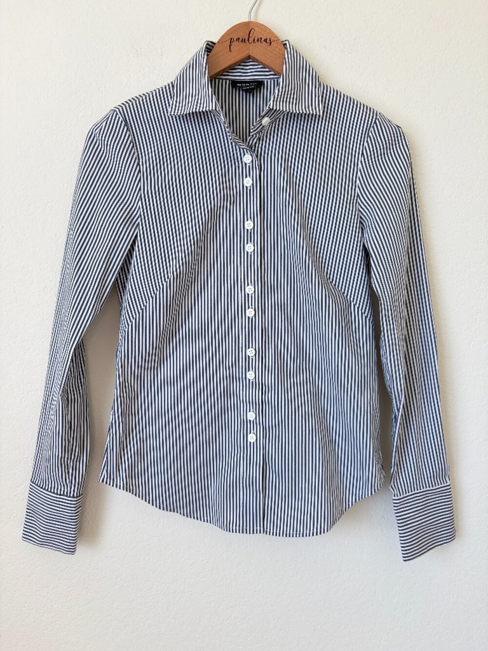 Worth New York Top Womens 2 Striped Button Front Grey Stretch Cotton Shirt